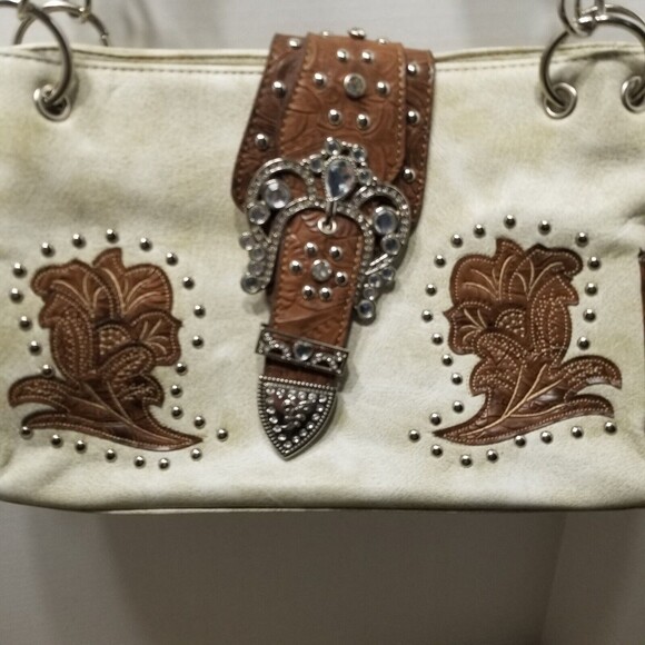 Western Rhinestone Brown Purse Leather Satchel Shoulder Bag Handbag Stud Bottom - Picture 2 of 12